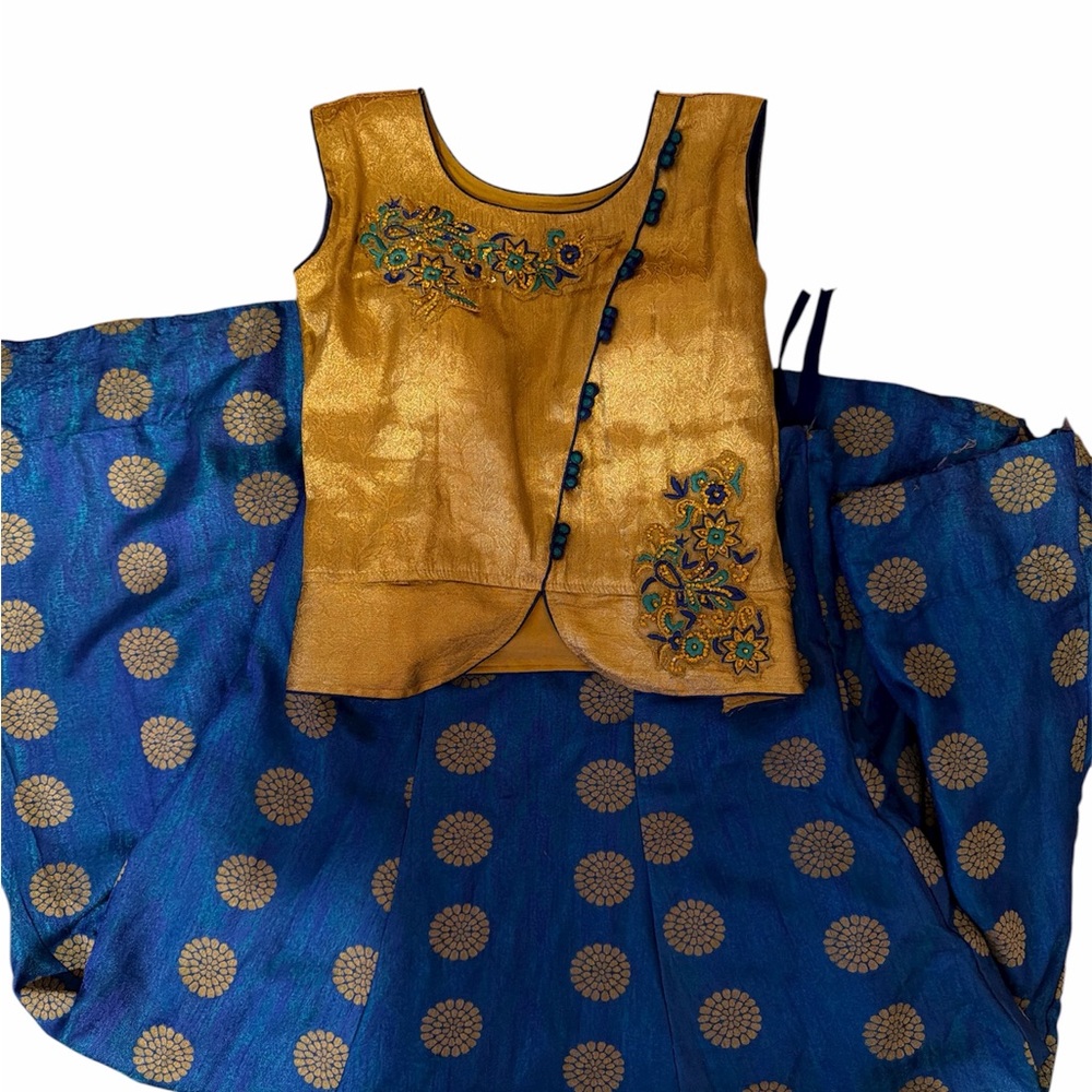 Gold and Blue Embroidered Traditional Indian Outfit